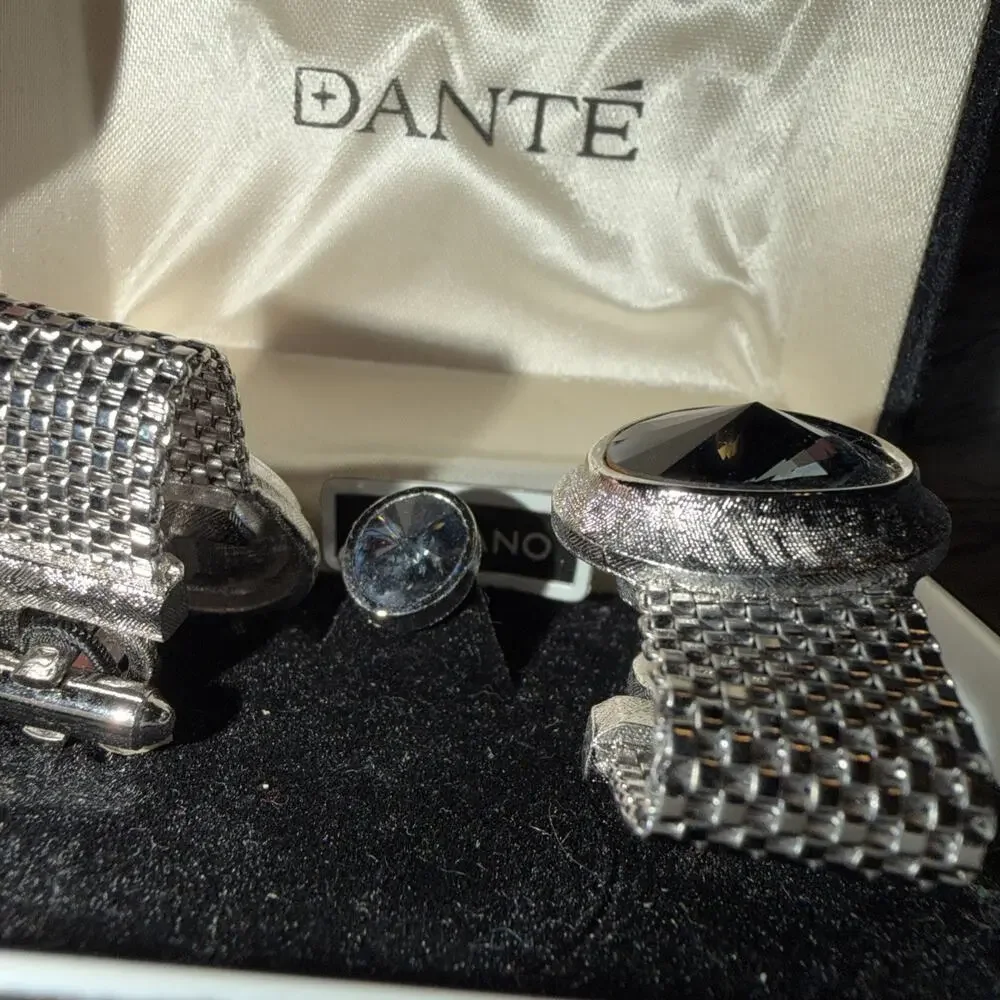 Cufflinks Tie Tack Set‎ Dante Volcano Silvertone Mesh Blue Volcano Glass Vintage
